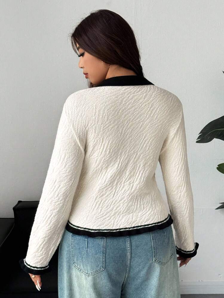 Dazy Plus Colorblock Collared Long Sleeve Elegant Plus Size Women Casual Knit Cardigan, Autumn/Winter