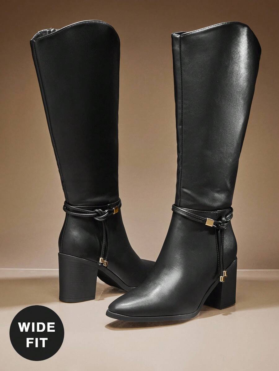 SHUZIA 女士尖头粗跟极简系带PU黑色过膝长靴 – 简洁利落，适合曲线身材的秋季圣诞节穿搭