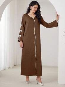 Yasmyna 女士优雅浪漫蝴蝶结撞色条纹派对连衣裙，休闲 A 字型阿拉伯连衣裙，适合日常休闲 - 棕色 - 查看 6