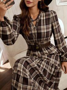 LanaWest Women's Khaki Brown Plaid Shirred Cinched Waist Casual Bohemian Style Midi Dress, Autumn, Christmas - Khaki - View 2