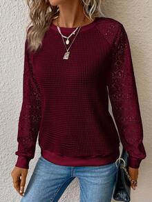 EMERY ROSE Áo nỉ họa tiết chắp vá ren dành cho nữ, phù hợp mặc đi làm, đi học, thường ngày - Màu Đỏ Sâu - Xem 7