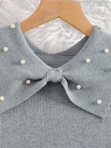Sparklyn Tween Girls' Sweet Cute Autumn/Winter New Style Fashionable Lace Pearl Collar Gray Dress - Soft Versatile Lapel Long-Sleeve Sweater Dress, Princess-Style Knit Dress For Girls Fall