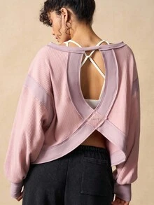 VARSIVA 女式健身上衣撞色拼接镂空后背长袖运动T恤 - 彩色 - 查看 5