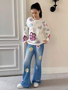 少女全身花卉印花休闲运动衫和牛仔效果裤套装 - 彩色 - 查看 5