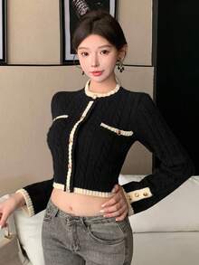 DAZY 女士优雅撞色饰边纽扣针织毛衣，秋季 - 黑色 - 查看 3