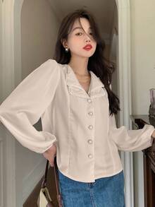 DAZY 女士优雅缎面衬衫，双层领，珍珠装饰和金属纽扣饰边，适合秋季、春夏季长袖上衣 - 香檳色 - 查看 5