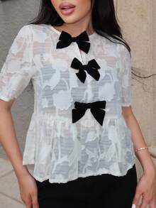 Durrani Popal Women's Contrast Color Bow Decor Short Sleeve Shirt