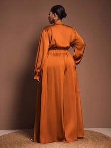 Veslaya 2026秋冬新款大码女装，适合乡村音乐节、婚礼宾客、约会之夜、优雅晚宴等场合，性感修身缎面衬衫领连体裤 - 棕色 - 查看 2