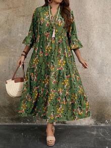 EMERY ROSE Vintage Floral Print Ruffle Sleeve Plus Size Maxi Dress, Spring/Summer Women Dress Fall - Green - View 1