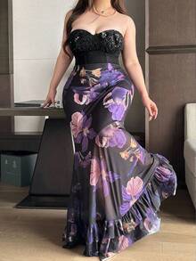 Vibekara Plus Size Elegant Waist Cinched Mermaid Hem Vintage Print A-Line Skirt Purple Floral Dress - Multicolor - View 1
