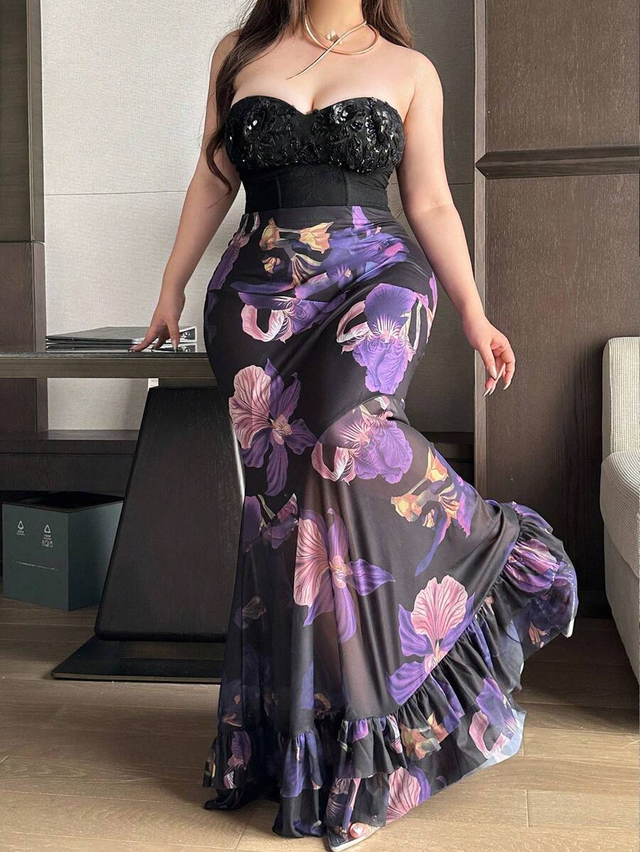 Vibekara Plus Size Elegant Waist Cinched Mermaid Hem Vintage Print A-Line Skirt Purple Floral Dress - Multicolor - View 1