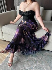 Vibekara Plus Size Elegant Waist Cinched Mermaid Hem Vintage Print A-Line Skirt Purple Floral Dress - Multicolor - View 3