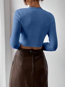 EMERY ROSE Casual Solid Color Fitted Cropped Sweater, Autumn Holiday Blue - Baby Blue - View 2