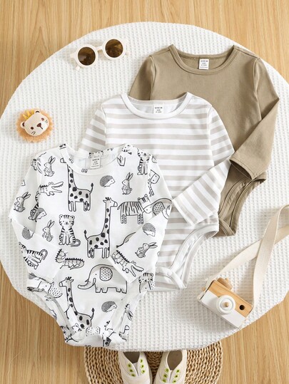 SHEIN 3 pezzi Set di body neonato/bambina, con stampa animali carini + body tinta unita + body a righe, fodera in pile spesso, adatto per l'inverno