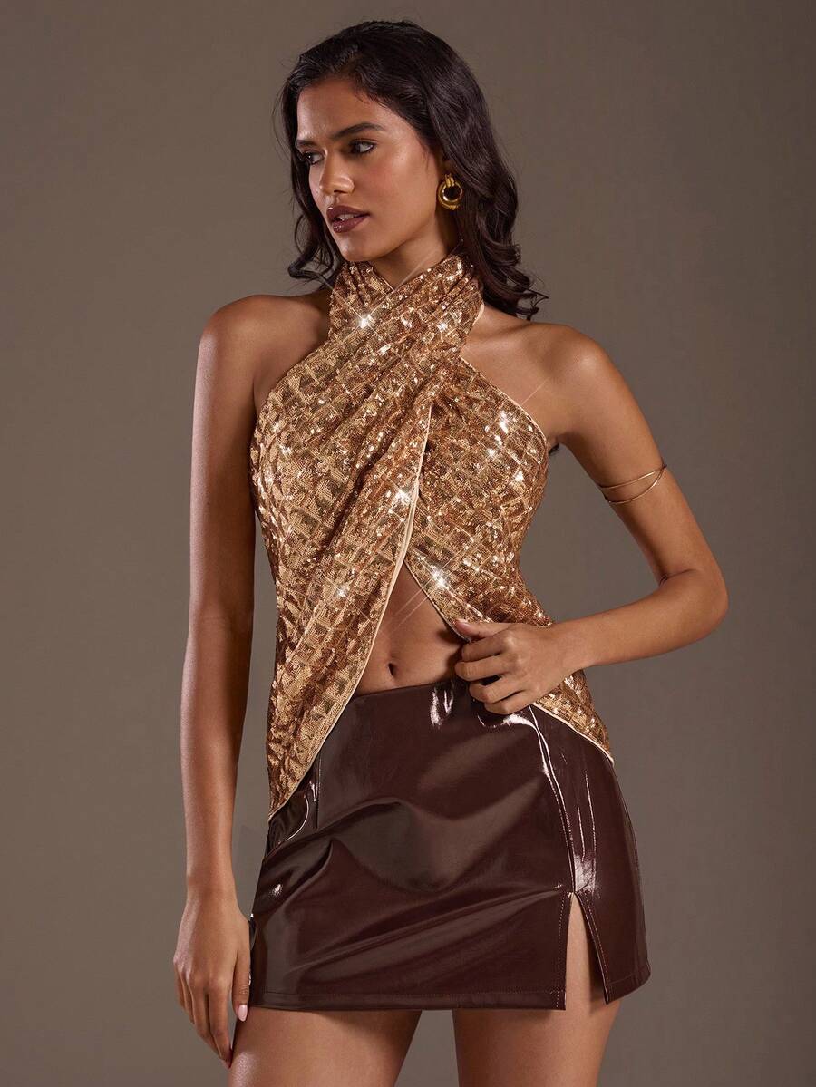 SHEIN Glamour Glamour Women's Red Sequin Faux Leather Slit Mini Skirt,All Shades Of Brown,Autumn,Seksi Chic,Night Out Commuter Hip Date Office Retro Chic - Red - View 1