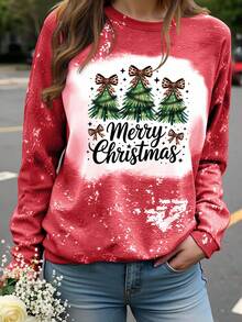 INAWLY Christmas Tree & Bow Print Sweatshirt - Apricot - View 1