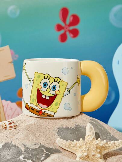 SpongeBob SquarePants | SHEIN 1 Pc 19.3oz/570ml Cartoon Pattern Ceramic Mug, Heat-Resistant And Dishwasher-Safe, Suitable For Water, Milk, Juice, And Coffee