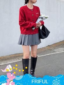 FRIFUL SHEIN X Care Bears 女式圆领字母刺绣纽扣开衫 - 紅色 - 查看 2