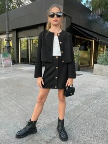 SHEIN NovaGlow Tween Girls Casual Everyday Commute Knit Textured Black Jacket Set - Black - View 3