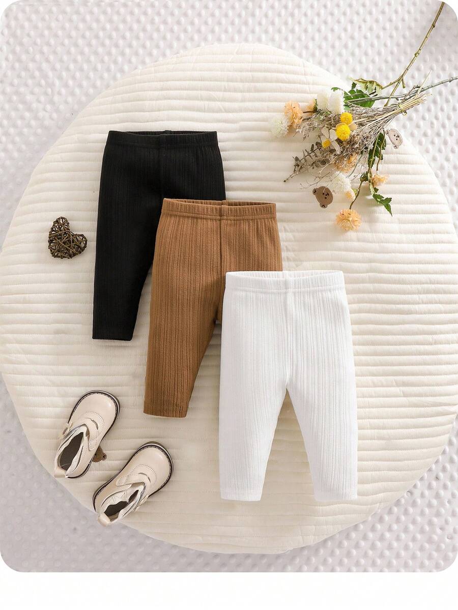 SHEIN 3 件套新生女婴可爱纯色针织弹力裤套装