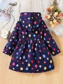SHEIN Young Girls Floral Lined Hooded Double-Breasted Fashion Navy Blue Jacket, Suitable For Casual Daily Wear - Navy Blue - View 2