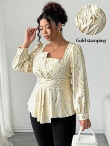 Elenzga Plus Size Elegant Beige Autumn Foil Print Lantern Sleeve Shirt, Asymmetrical Cinched Waist Crew Neck Top For Christmas, Wedding Guest, Party, Women - Apricot - View 5