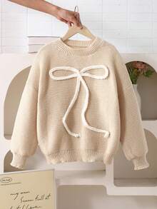 SHEIN Tween Girls' Sweater With Bow Embroidery, Sweet Casual Versatile Daily Wear, Soft & Comfortable - Apricot - View 5