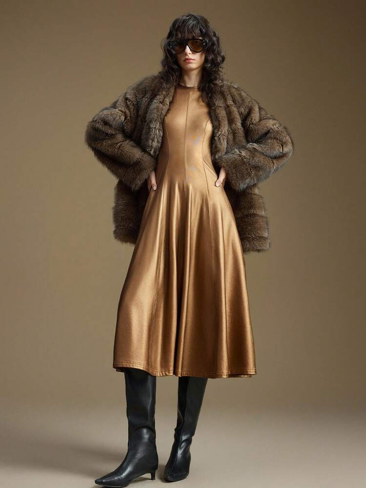 Brown And Gold Summer Elegent Bar Party Wedding Guest Dress,Gold Pearlescent Coated Fabric Flared Midi Dress,Loose Fit Modern Urban Style Daily Wear