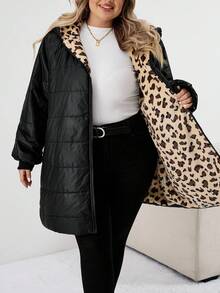 SHEIN CURVE+ 弧形加大码女式豹纹内衬保暖休闲宽松连帽外套，带口袋，防寒保暖，适合冬季外出、Theraml、女士冬装 - 彩色 - 查看 12