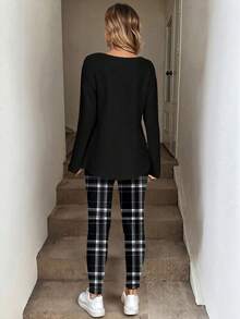 EMERY ROSE Casual Plus Size Solid Notched Neck Long Sleeve Top And Plaid Print Pants 2 Pieces Set Work From Home Outfit Comfortable Outfits For Women Fall Winter Outfit - Multicolor - View 4