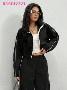 3 PiecesCasual Set For Teen Girl With Zip-Up Jacket In Minimalist Style With Contrast Trim, Soft & Comfortable White Tank Top, Matching Contrast Trim Pants, Suitable For Daily Wear And Activities