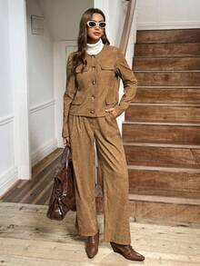 LanaWest 2pcs Vintage Corduroy Set Women, Short Jacket And Wide Leg Pants