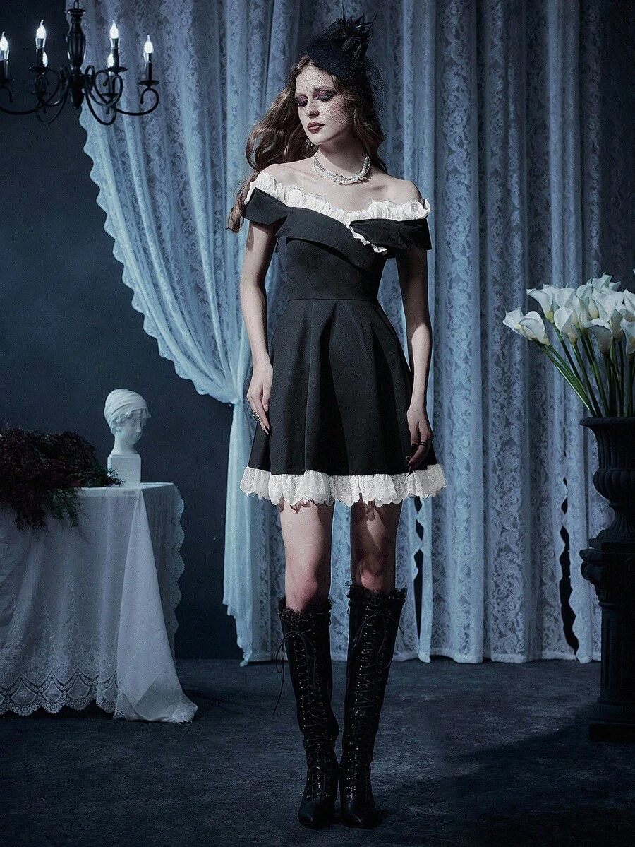 Glisette 女式黑色露肩白色蕾丝边迷你连衣裙 - 黑與白 - 查看 1