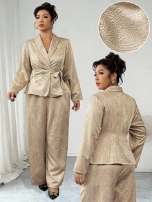 Elenzga 大码 3D 印花中式领长袖腰带褶饰西装外套 + 宽松直筒裤 2 件套，休闲装，通勤，约会，派对 - 杏色 - 查看 2