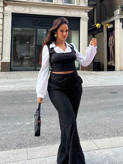 NegzBox Pantalones rectos de oficina de unicolor con diseño de botones de talle alto para mujeres