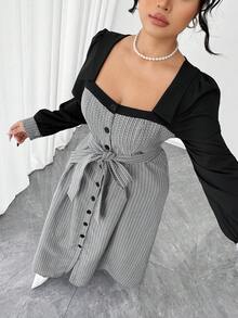 Elenzga Plus Size Women Elegant Commuter Tweed Long Sleeve Dress, Autumn/Winter - Black - View 4