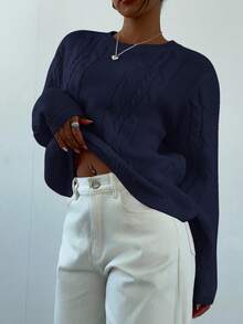 Aloruh 女士休闲日常通勤简约纯色粗针织套头衫，秋冬 - 藏蓝色 - 查看 7