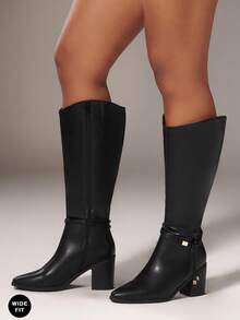 SHUZIA 女士尖头粗跟极简系带PU黑色过膝长靴 – 简洁利落，适合曲线身材的秋季圣诞节穿搭