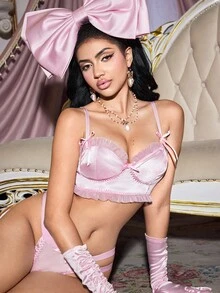 FairyFlirt Pink Satin Underwire Outerwear Bra With Bowknot And Ruffle Trim, Sweet & Cute Women's Lingerie - Pink - View 7