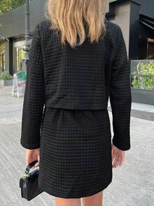 SHEIN NovaGlow Tween Girls Casual Everyday Commute Knit Textured Black Jacket Set - Black - View 2