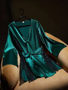 SilkySpell Sexy Lace Patchwork Contrast Color Christmas Green Women Robe Satin Robe Satin Night Gown Silk Robe Set Green Robe - Green - View 6