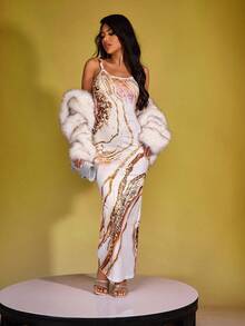 INAWLY Váy dây đeo bằng đá cẩm thạch in thời trang mùa hè cho nữ - Nhiều màu - Xem 1