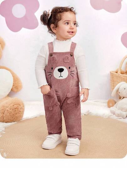 SHEIN Newborn Baby Girl Cute Versatile Corduroy Cartoon Pattern Bib & Pants Romper Clothes Set, Autumn/Winter