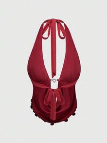 ROMWE Avant Y2K Sexy Draped Neck Beaded Backless Camisole For Women, Retro Vacation Island Style - Burgundy - View 2
