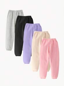 SHEIN Playful Pals 5条装女婴休闲舒适纯色运动裤，秋冬季保暖柔软 - 彩色 - 查看 2