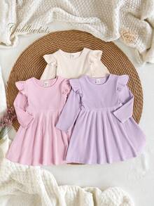 SHEIN Baby Girl Solid Color Round Neck Long Sleeve Ruffle Hem Ribbed Cute Dress - Multicolor - View 8