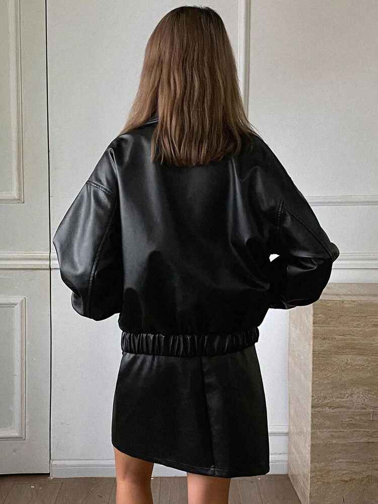 Women's Solid Color Loose Lapel Long Sleeve Double-Breasted PU Jacket Coat & Straight Hem Mini Skirt Casual Street Outfit, 2 Pieces Set, Autumn/Winter Y2k Leather Jacket