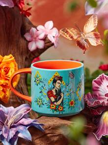 Frida Kahlo X SHEIN 480 Ml Cute Floral & Figure Graphic Ceramic Mug,Summer Outfits, Spring Outfits,Beach, Vacation, Flower