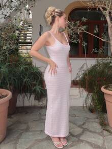 Turnttoni Robe midi élégante sans manches en tricot rayé noir et blanc pour femmes, printemps/été - Rose bonbon - Voir 6