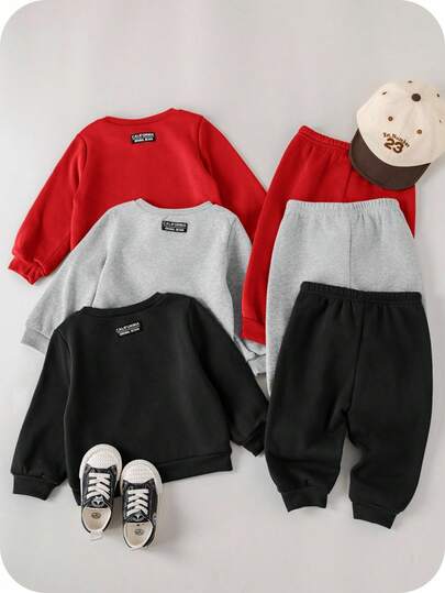 SHEIN 6 件套男婴/女婴百搭纯色卡其绿灰色长袖运动衫和松紧腰裤套装，适合秋冬户外运动